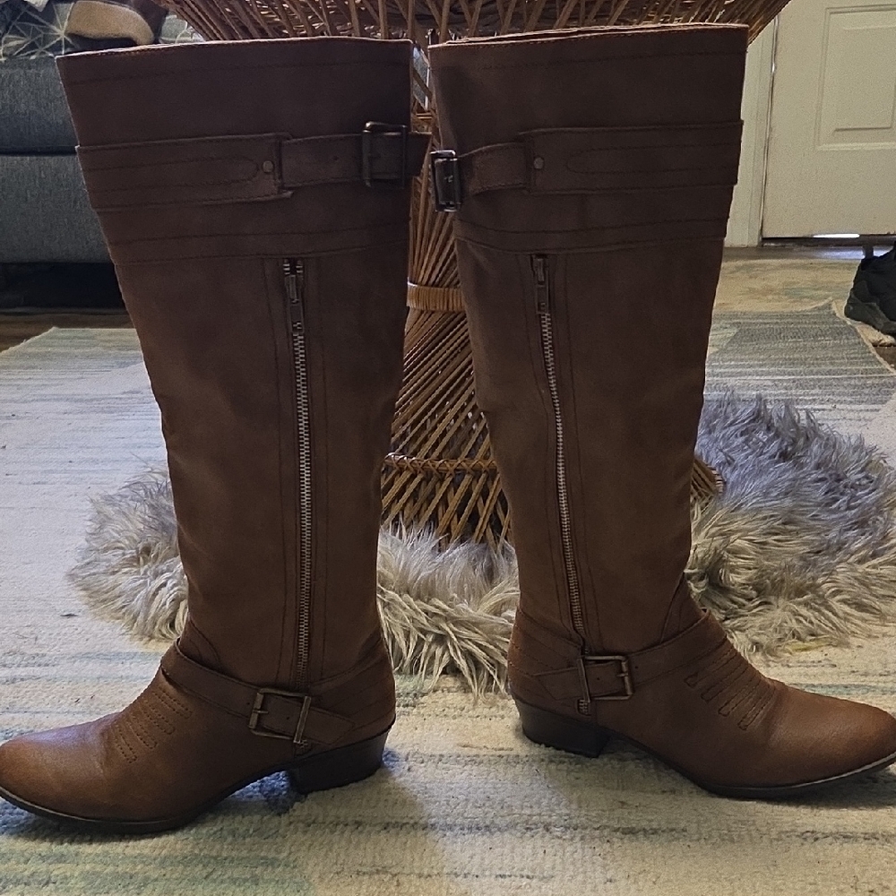 Over-the-Knee Buckle Detail Riding Boots - Brown
